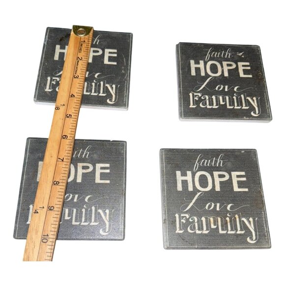 Set Of 4 Inspirational Faith Hope Love Family Wooden Coasters With Cork Bottom - Picture 2 of 3